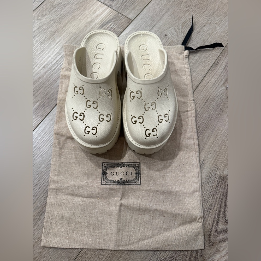 Gucci Perforated Platfom Mules in Mystic White